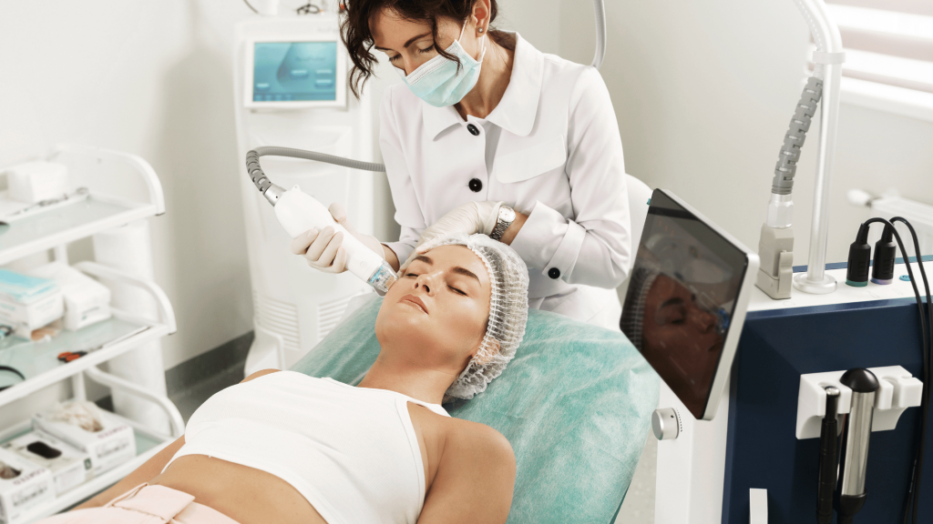 How to Get More Beauty Bookings: Your Pathway to Success 1 Woman receiving an aesthetic treatment from a qualified practitioner in a clinical setting.