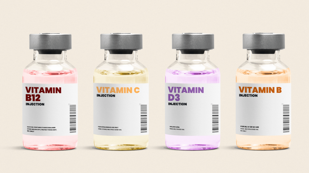 Best Vitamin Injections for Health and Wellness 1 Various types of vitamin injections displayed, including B12, Vitamin C, and multivitamin boosters, used for health and wellness treatments.