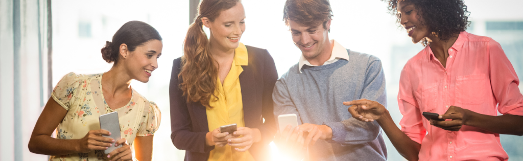 Group of students chatting and recommending a helpful product or service to each other.
