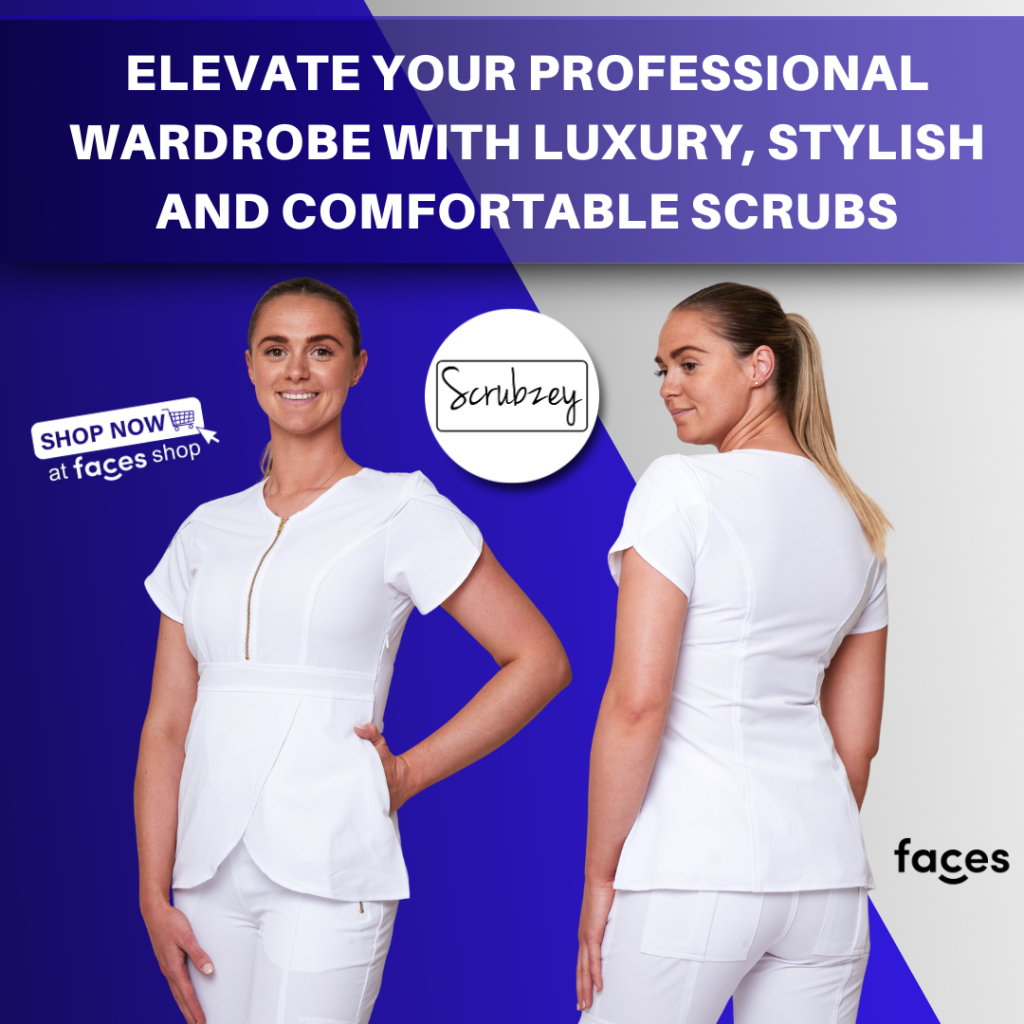 Clinic practitioner dressed in clean, white Scrubzey scrub attire for aesthetic procedures.