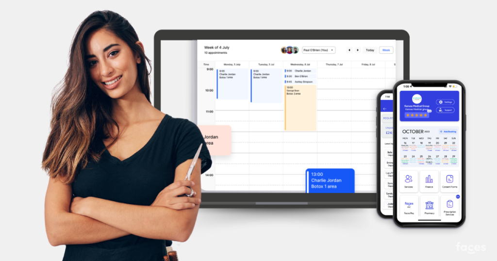 8 Benefits of Brow Salon Booking System for Specialists 2 A brow salon artist with the faces booking system in a tablet behind her.