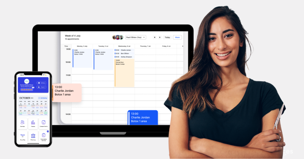 8 Benefits of Brow Salon Booking System for Specialists 1 A brow salon artist smiling with the faces consent app behind her.