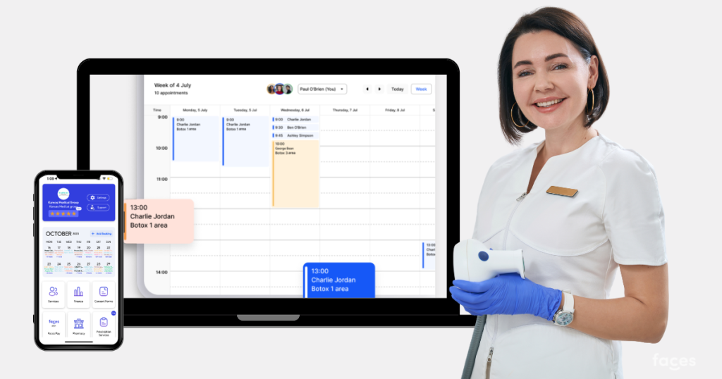 8 Benefits of a Laser Clinic Booking System for Therapists 1 A laser technician reviewing a consent form from Faces with a client before beginning a cosmetic treatment.