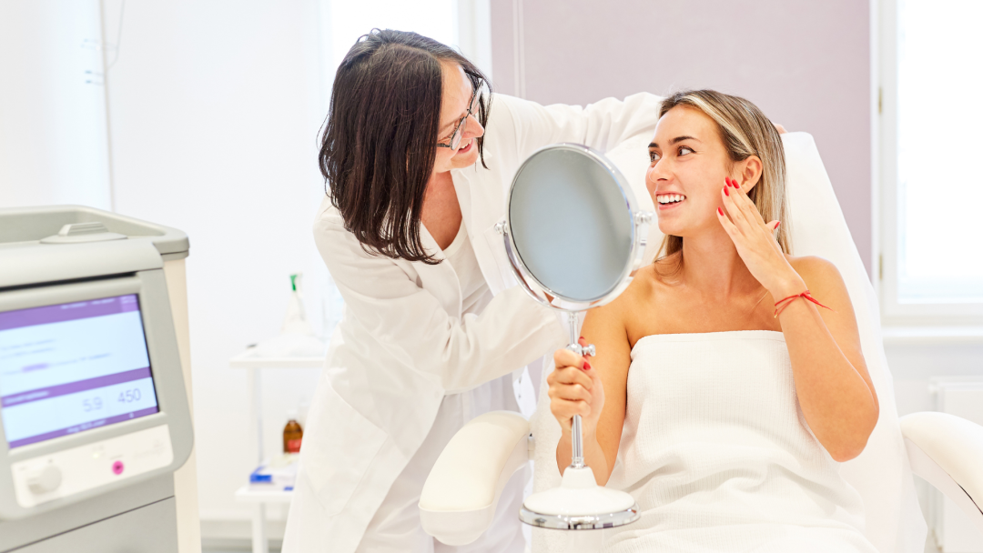 5 Important Reasons Why A Booking System for SPMU Matters 3 Semi-permanent make-up technician standing beside client post-treatment.